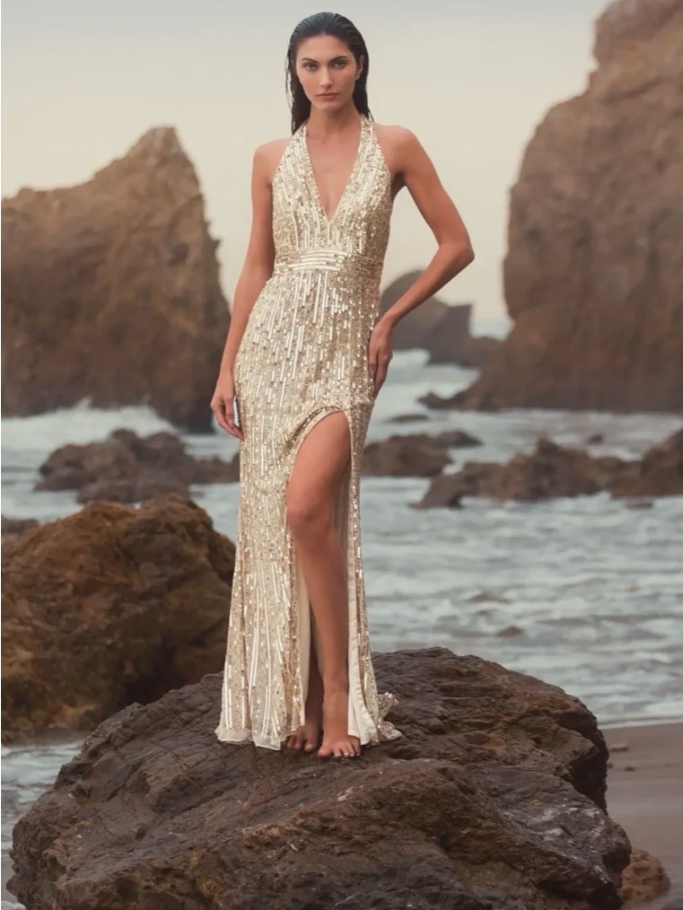 Nwt Sz 14 Mac Duggal Gold Sequined Halter Strap Trumpet Gown